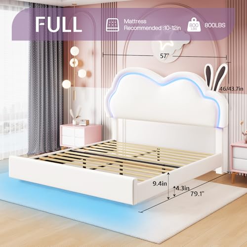 Jocisland LED Full Bed Frame for Girls Upholstered Floating Bed with Cute Cloud Headboard, No Box Spring Needed, Leather, White Jocisland