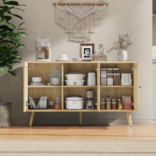 IDEALHOUSE 47.2" Rattan Sideboard Buffet Cabinet with 3 Doors, Boho Storage Cabinet with Adjustable Shelves, Console Table for Living Room, Dining Room, Entryway, Coffee Bar IDEALHOUSE