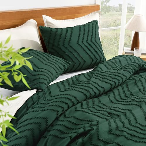 Litanika Queen Comforter Set Dark Emerald Green, 3 Pieces Lightweight Chevron Tufted Bedding Comforter Set, Fluffy Winter Down Alternative Comforter Bed Set Gift Choice