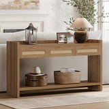 SICOTAS 60" Rattan Console Table for Entryway - Farmhouse Entry Table Sofa Table with 3 Drawers, Narrow TV Console Table with Storage for Living Room, Hallway, Couch, Foyer SICOTAS