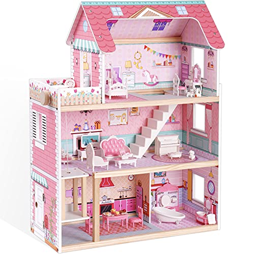 ROBUD Wooden Dollhouse, Doll House Playset with 24-pcs Exquisite Accessories, Working Elevator, Gift for Ages 3+ ROBUD