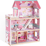 ROBUD Wooden Dollhouse, Doll House Playset with 24-pcs Exquisite Accessories, Working Elevator, Gift for Ages 3+ ROBUD