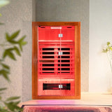 Woodbridge Infrared Home Sauna Room 2 Person Japanese Cedar Indoor Sauna with 7 Carbon Heaters, Red Light Therapy, Bluetooth Speaker, Intelligent Control Panel, Tempered Glass & Top Vent WOODBRIDGE