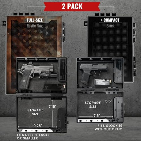 STOPBOX Gun Safe Alternative - Tactical Handgun Storage, Instant Access Portable Gun Case, TSA Compliant Gun Lock Box for Quick Handgun Access | RUSTIC FLAG + BLACK (2 Pack) | Full + Compact STOP BOX