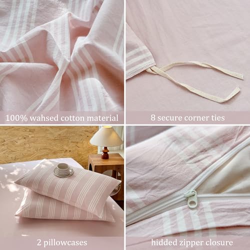 BESTDESIL Pink Striped Duvet Cover Set 100% Washed Cotton Linen Like Super Soft Chic Bedding Set 3 Pcs Greyish Pink-White Full BESTDESIL