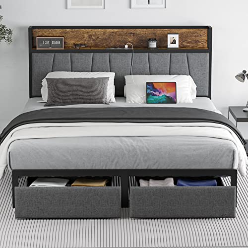 CIKUNASI Queen Size Bed Frame with Storage, Charging Station, and LED Lights - WoodArtSupply