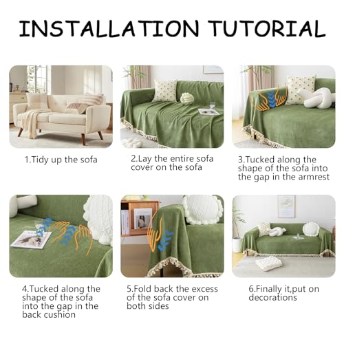HANDONTIME Green Sofa Cover Vintage Couch Cover for Dogs 71" X118" Couch Cushion Covers with Tassel Herringbone Sofa Cover Boho Sofa Covers for 3 Cushion Couch Chenille Soft Loveseat Sofa Covers HANDONTIME