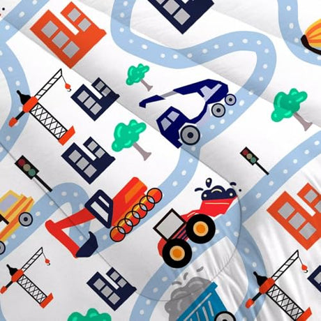 FUYEUN Cartoon Truck Comforter Set Twin: Construction Bedding Set for Boys Kids Children Bedroom Dorm White Cute Cars Quilt 1 Comforter + 1 Pillow Case FUYEUN