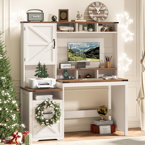 Vabches 51" Executive Desk Farmhouse Home Office Desk with Charging Station, File Drawer, Storage Cabinet, Monitor Stand, Wood Computer Desk with Hutch for Work Study Writing (White) Vabches