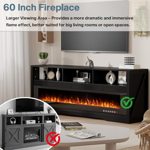 PRETZI 65" Fireplace TV Stand with 60" Glass Electric Fireplace for TVs Up to 75 inch, Modern Fireplace Entertainment Center with Open Storage Shelf, Media Console TV Cabiet for Living Room, Black PRETZI