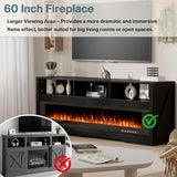 PRETZI 65" Fireplace TV Stand with 60" Glass Electric Fireplace for TVs Up to 75 inch, Modern Fireplace Entertainment Center with Open Storage Shelf, Media Console TV Cabiet for Living Room, Black PRETZI