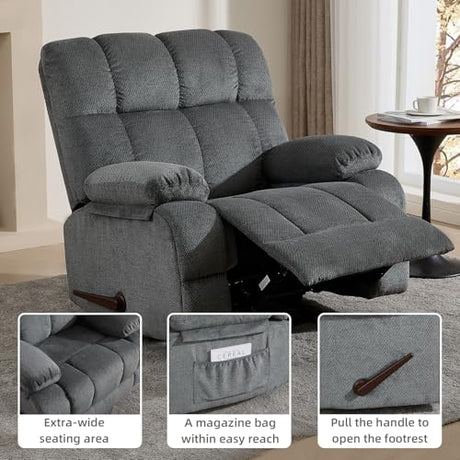 ParlorDream Oversized Rocker Recliner Chair, Overstuffed Extra Wide Manual Rocking Recliner, Adults Chair for Big Man, Reclining Sofa Chairs for Living Room,Grey ParlorDream