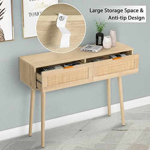 AOTIFARM Console Table with 2 Drawers Rattan Entryway Table with Storage Narrow Accent Sofa Table Behind Couch Table for Hallway, Entryway, Living Room and Bedroom Natural Wood - WoodArtSupply