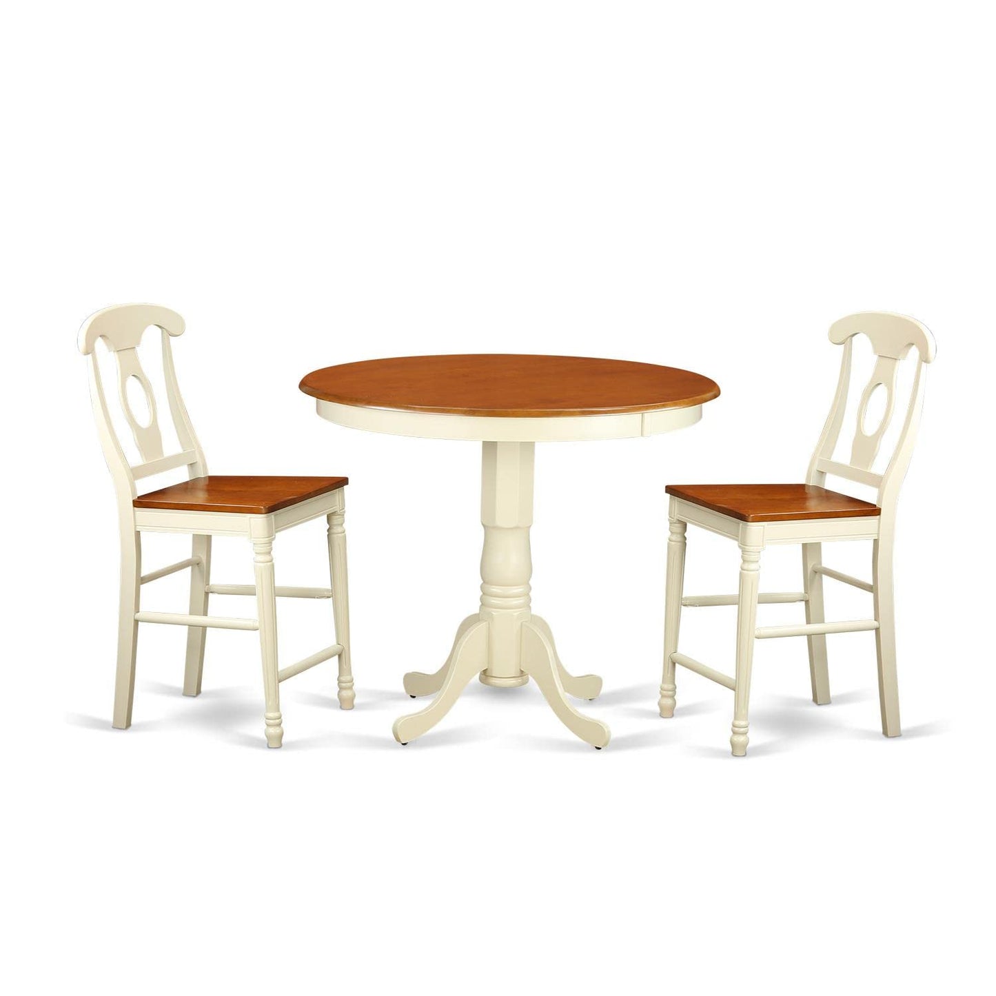 East West Furniture JAKE3-WHI-W 3 Piece Counter Height Dining Set for Small Spaces Contains a Round Wooden Table with Pedestal and 2 Kitchen Chairs, 36x36 Inch, Buttermilk & Cherry - WoodArtSupply