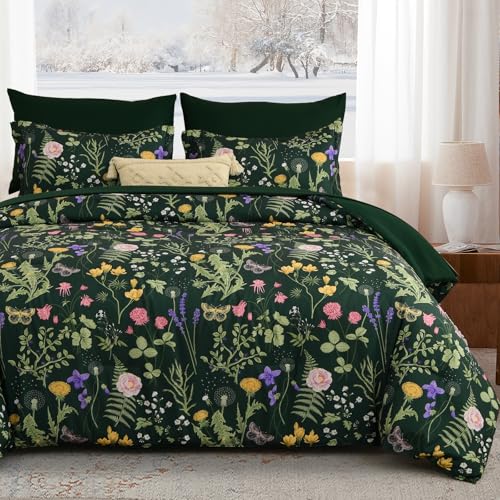 Yiran King Size Comforter Set 7 Piece, Dark Green Floral Bedding Set, Bed in a Bag King with Botanical Flowers Pattern, Soft Microfiber Complete Bedding Set with Sheets for All Season Yiran