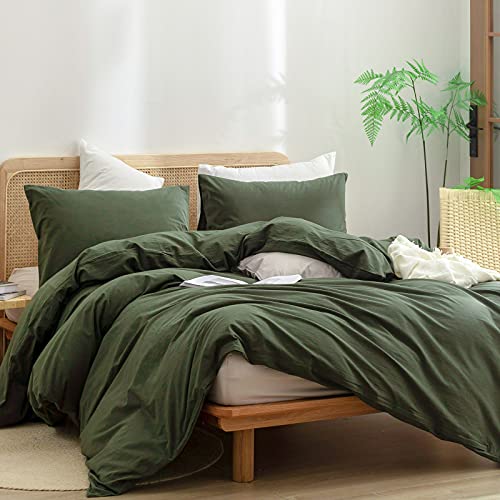 BESTOUCH Duvet Cover Set 100% Washed Cotton Linen Feel Super Soft Comfortable Chic Lightweight 3 PCs Home Bedding Set Olive Green King BESTOUCH