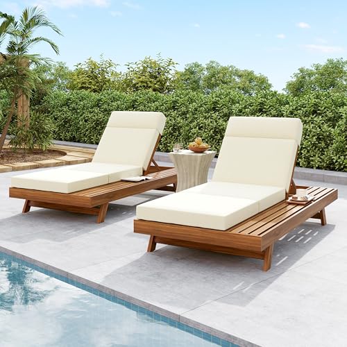 Merax Acacia Wood Chaise Lounge Chair Outdoor Set of 2, Patio Recliner with 4 Position Adjustable Backrest and 4" Thick Four-fold Cushion