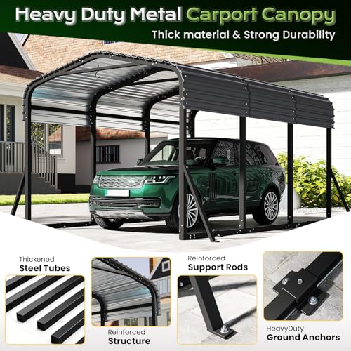 Jocoevol Heavy Duty Metal Carport Canopy, 10x15 FT Outdoor Car Port with Waterpoorf Metal Roof& Side Support Rods, Multi-Use Shelter Outdoor Garage for Car, Boats and Truck Jocoevol