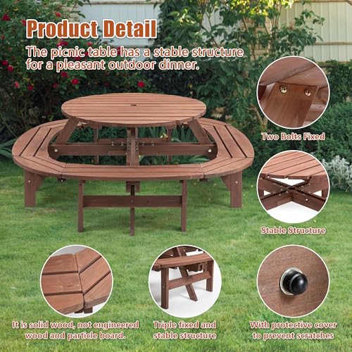10-12 Person Picnic Table Round Outdoor Dining Table with Umbrella Hole,1 Built-in Ring Stool,Wooden Outside Picnic Tables and Bench Set for Garden,Patio, Backyard,2500LBS Total Capacity,Walnut Brown Pvillez