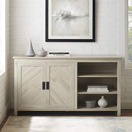 Walker Edison Modern Wood Grooved Buffet Sideboard with Open Storage-Entryway Serving Storage Cabinet Doors-Dining Room Console, 58 Inch, Birch Walker Edison