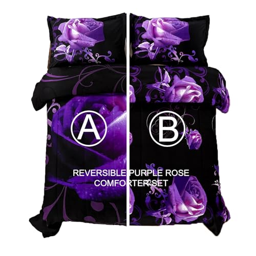 WONGS BEDDING Purple Comforter Set Twin, Reversible Purple Rose Pattern Printed Bedding Down Comforter with 1 Pillowcases for All Seasons, Soft Microfiber Filling Bedding Set 90"x68" WONGS BEDDING