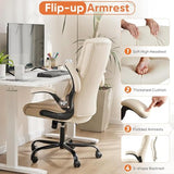 Sweetcrispy Ergonomic Office Chair Heavy Duty Task Desk Chair with Flip-up Arms, PU Leather, Adjustable Swivel Rolling Chair with Wheels, Beige Sweetcrispy