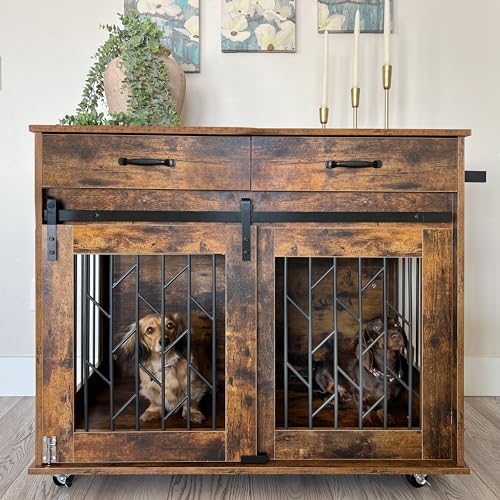 YITAHOME Dog Kennel Furniture for 2 Dogs, 39 inch Doble Dog Crate with Storage Drawers, Indoor Wooden Dog House Heavy Duty for 2 Small Medium Dogs, - WoodArtSupply