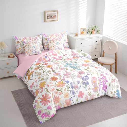Erosebridal 7 Piece Cute Pink Floral Comforter Set Twin with Sheets,Boho Colorful Flower Bedding Set for Kids Girls Women,Bohemian Wildflower Bed Set Rustic Flowers Bed in a Bag with Pillowcases Erosebridal