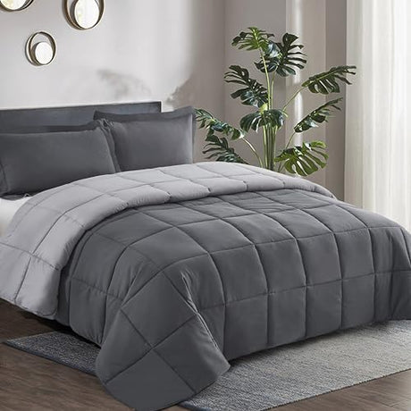 HIG 3pc Gray Twin/Twin XL Comforter Set - All Season Reversible Down Alternative Comforter with Two Sham - Quilted Duvet Insert with Corner Tabs - Box Stitched Blanket - Breathable, Soft HIG