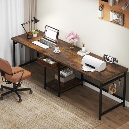 Tribesigns 79 Inch Extra Long Desk, Double Desk with 2 Drawers, Two Person Desk Long Computer Desk with Storage Shelves, Writing Table Study Desk for Home Office, Rustic Brown - WoodArtSupply