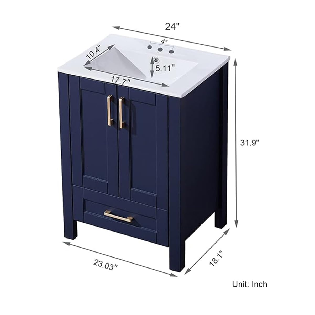 Wenore Home 24 Inch Bathroom Vanity with Sink, Blue Bathroom Vanity Sink Set, Modern Bathroom Sink Cabinet Combo, Small Bath Vanity with White Three Hole Ceramic Sink Wenore Home