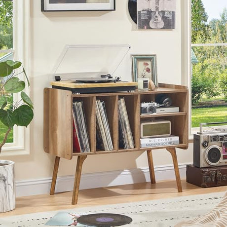 Lerliuo Record Player Stand with 4 Cabinet Holds Up to 220 Albums, Large Turntable Stand with Beech Wood Legs, Mid-Century Record Player Table Lerliuo