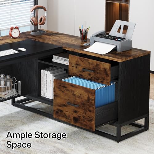 Tribesigns 63" L-Shaped Executive Desk, Large Office Desk with Drawers and Shelves, Rustic Long Business Furniture Desk with File Cabinet Storage Space, Home Office Workstation, Brown & Black - WoodArtSupply