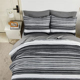 KAKIJUMN 7 Piece Bed in a Bag Stripe Comforter Set Full Size, White Grey Black Patchwork Striped Comforter and Sheet Set, All Season Soft Microfiber Complete Bedding Sets(Grey,Full) KAKIJUMN