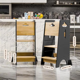 COSYLAND Toddler Standing Tower Adjustable Height - Super Stable Toddler Kitchen Stool Helper - 3 Levels Adjustable Wooden Toddler Kitchen Stool (Natural & Dark Gray) COSYLAND