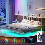 VERFARM Floating Double Bed Frame with USB Charging Station, LED Bed Frame with Wood Storage Headboard, Metal Platform Bed Frame Full Size, No Box Spring Needed, Steel Slat Support, White VERFARM