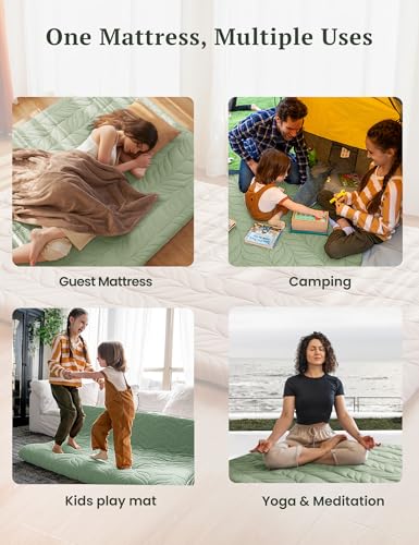 ZonLi Japanese Floor Mattress Futon Mattress King Size, 4" Thicken Roll Up Tatami Mat 100% Cotton Washable Cover, Portable & Foldable Floor Bed Mattress for Sleeping, Dormitory, Adult Kids, Green ZonLi