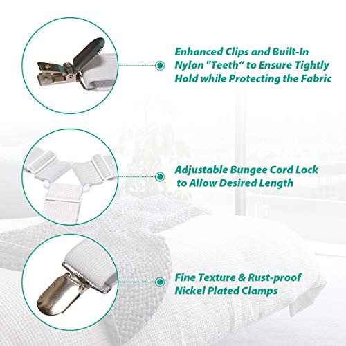 Bed Sheet Fasteners, Adjustable Mattress Suspenders, Mattress Cover Straps, Bed Corner Holder and Keepers and the Bed Sheet Grippers Clips (Triangle White Set of 4) RayTour
