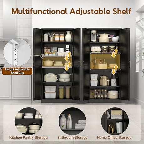 UNICOLY 71" Kitchen Pantry Cabinet, Pantry Storage Cabinet with Doors and 4 Shelves, Metal Storage Cabinets for Kitchens, Living Room, Dinning Room, Assembly Required, Black UNICOLY