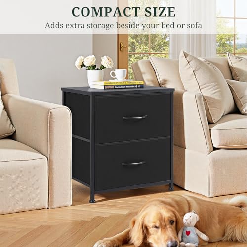 Nightstand, Small 2 Drawer Dresser End Table Bedside Furniture, Wooden Top Fabric Bins for Bedroom, Closet, Entryway, Dorm, 11.8" D x 18" W x 20", Black SageNest