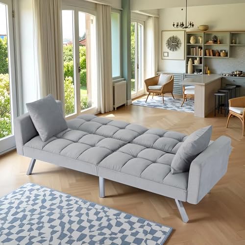78" Modern Sofa Bed Futon,Convertible Sleeper Bed Couch with 4 Reclining Backrest,Comfy Velvet Cloud Sofa Loveseat for Living Room Bedroom Office (Grey) Anwick