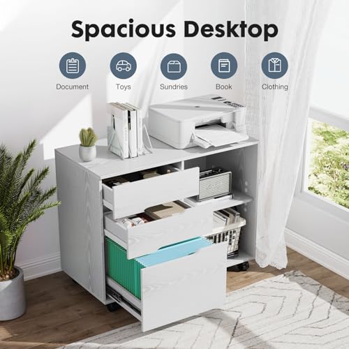 DUMOS Lateral File Cabinet with 3 Drawers Rolling Filing Cabinets Under Desk Storage Printer Stand Wood Organizer with Wheels Adjustable Shelf for Office Home Small Space, White