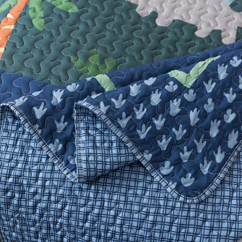 Soul & Lane Dinosaur Quilt Set – Twin and 1 Sham, Kids Dinosaur Bedding for Boys, Toddler Twin Comforter and Dino Bedspread, Reversible T-Rex Bedding with Blue Check Pattern, Dino Delight Soul & Lane