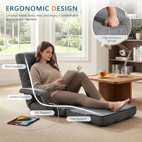 STHOUYN Comfy Floor Chair Bedroom 2 USB Charging Ports, 5-Position Couch Gaming Lounge Chairs Adults, Indoor Folding Lazy Sofa Meditation Arm Dorm Chair Living Room (Grey) STHOUYN