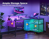 ODK 40 Inch Gaming Desk with USB Power Outlets and LED Lights, Reversible L Shaped Computer Desk with Storage Shelves & Monitor Stand, Corner Home Office Desk Table, Carbon Fiber Surface, Black ODK