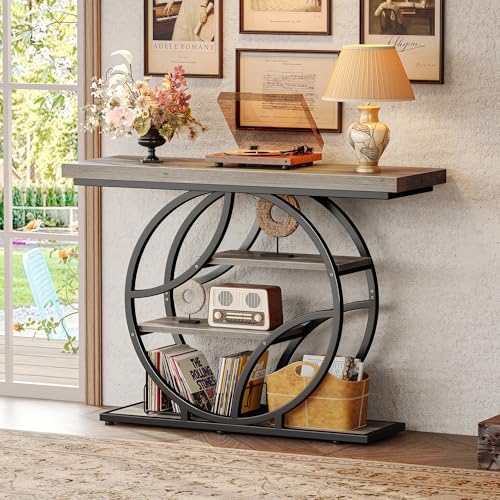 Huuger 41.3 Inch Entryway Table, Modern Console Sofa Table, Accent Table with Shelves, for Entry, Hallway, Entrance, Foyer, O-Shaped Metal Frame, Grey Huuger