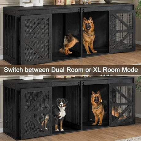 Nordee Axio 94.5 Inch Double Dog Crate Furniture, Farmhouse Dog Kennel TV Stand for 2 Large Dogs, Wooden Dog Cage Extra Large Breed with Divider & Solid Metal Tube, Black Nordee Axio