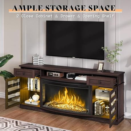 AMERLIFE 70" Farmhouse Fireplace TV Stand with 36'' Curved Electric Fireplace, LED Media Console with 2 Drawers & Adjustable Shelves, Fits 80'' TVs, Espresso AMERLIFE