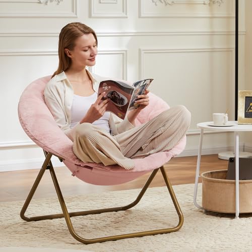 DUMOS Comfy Saucer Chair, Faux Fur Lounge Seasting XL Circle Chair for Bedroom, Dorm & Gaming, Foldable Fashion Accent Seat for Small Spaces, Folding Moon/Mushroom/Round Oversized Style