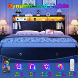 Etditrnp King Bed Frame with Storage Headboard, Farmhouse Platform Bed Frame with Bookshelf, Drawers, LED Lights and Charging Station, Metal Slats Support, Noise Free, No Box Spring Needed, Black Etditrnp
